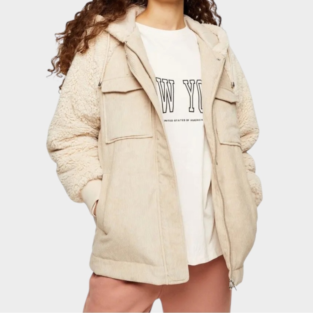 NWOT. Corduroy & Faux Shearling Hooded Jacket